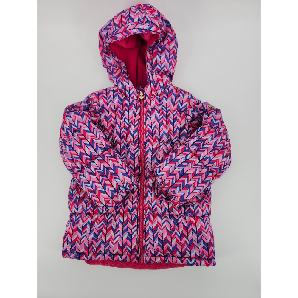 OshKosh Bgosh Girls Pink Blue Chevron Puffer Jacket Fleece Lined Size M 5-6